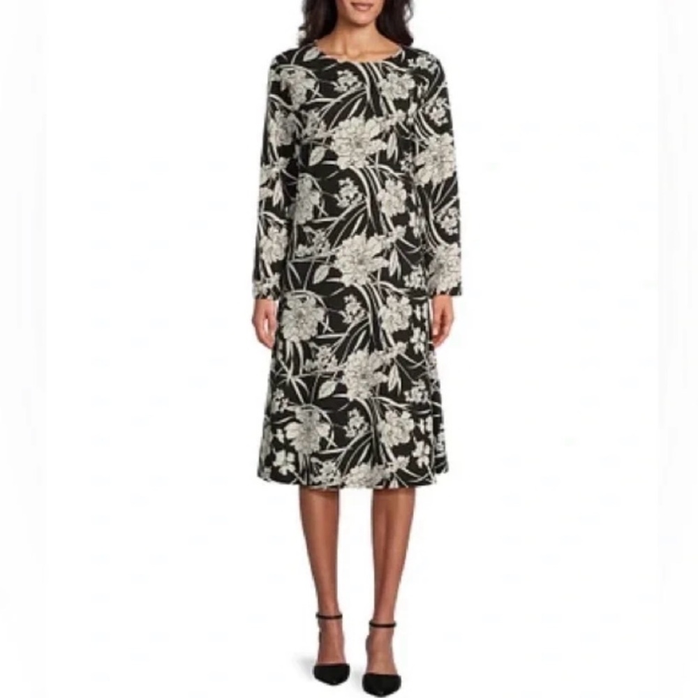 NWT Women’s Bryn Walker Black Cream Floral Long Sleeve Midi Dress Sz L